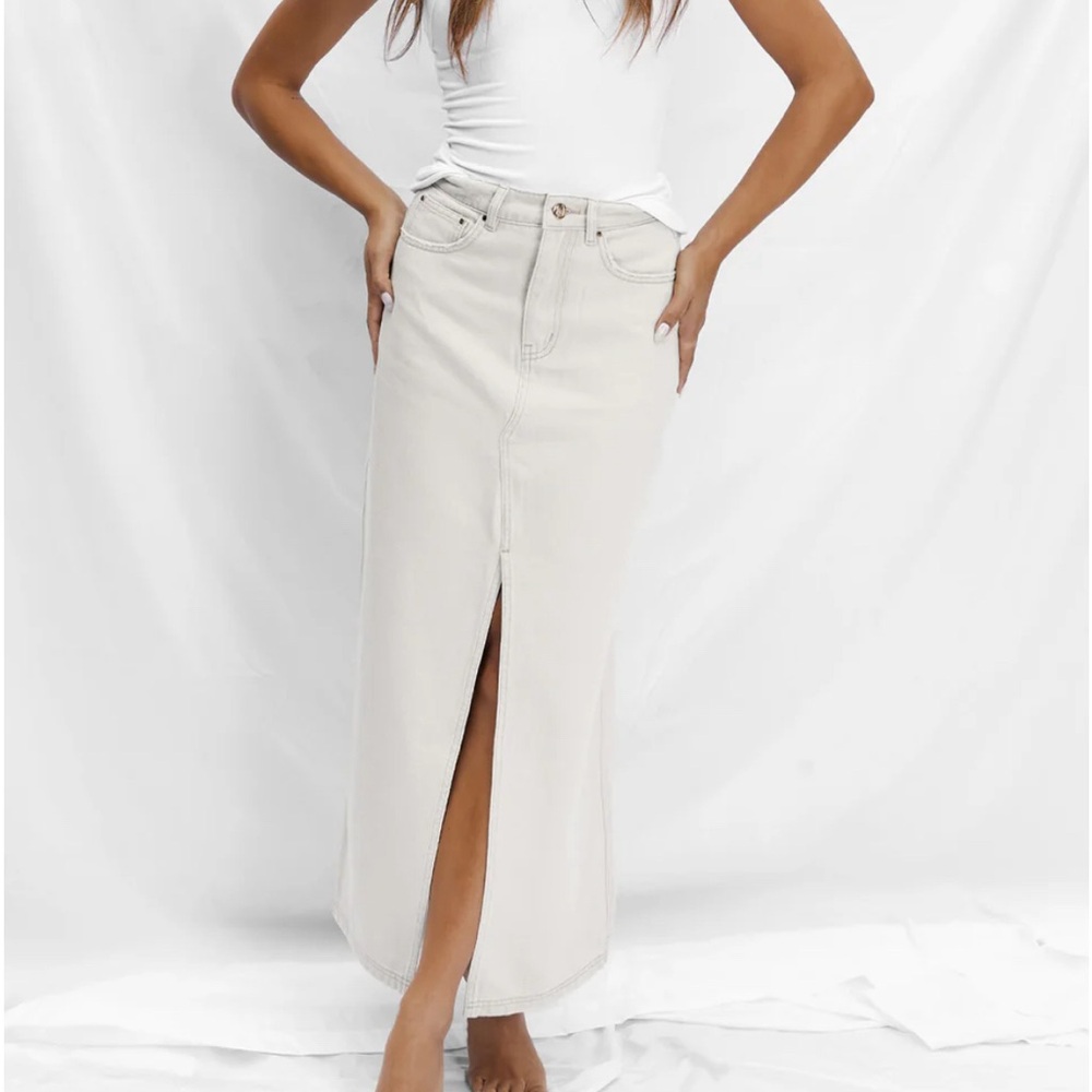 All Things Golden NWT Stone colored denim long skirt with slit